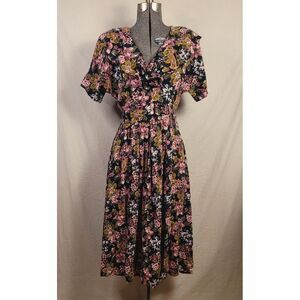 Vintage Floral Dress 70s 80s Volup Size Large Midi Maxi‎ Ruffles Fit Flare